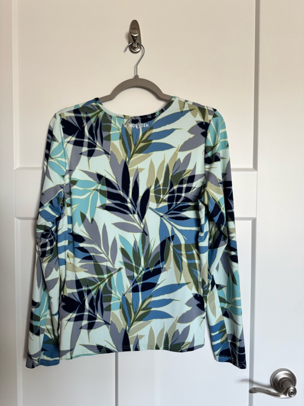 Hang Ten Long Sleeve Leaf Print Sun Protect Rash Guard Swim Top Blue Green Sz M - Picture 2 of 15